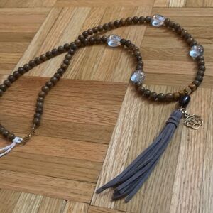 22” Chic Boho Wood Bead Necklace - Gray Tassel & Rose Charm - NWOT